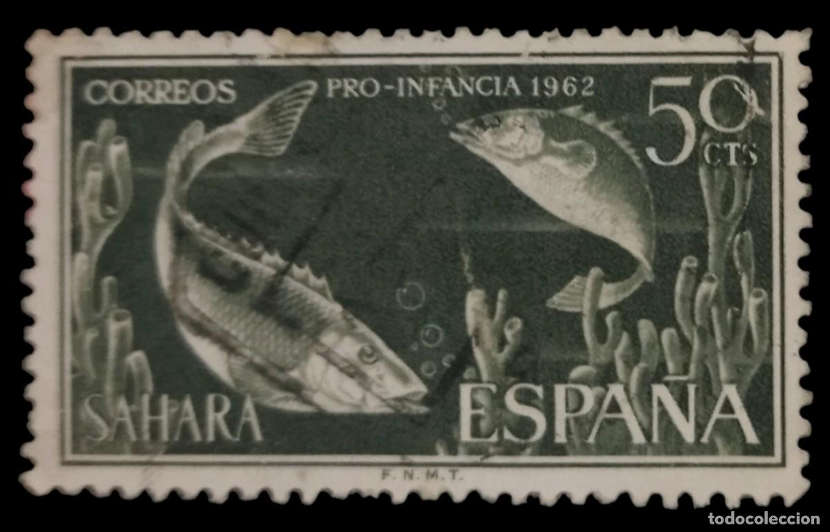 Sellos: S&Aacute;HARA ESPA&Ntilde;OL 1962 Pro Infancia - Fauna Marina. Edifil 210. USADO.