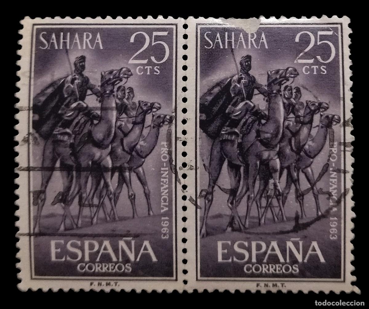 Sellos: S&Aacute;HARA ESPA&Ntilde;OL 1963 Pro-Infancia. Edifil 217. PAREJA USADA.