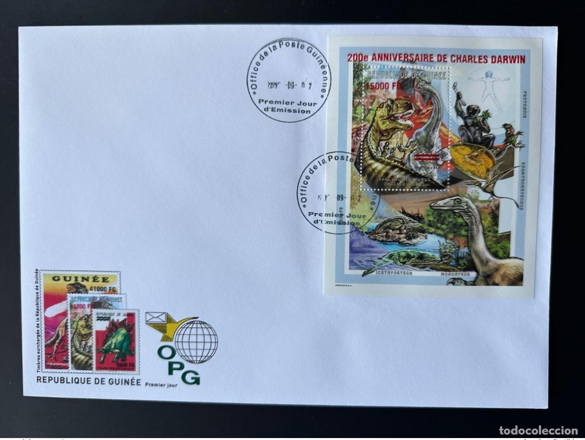Sellos: Guinea 2009 Mi. Bl. 1736 FDC: Dinosaurios sobrecargados cumplea&ntilde;os de Charles Darwin