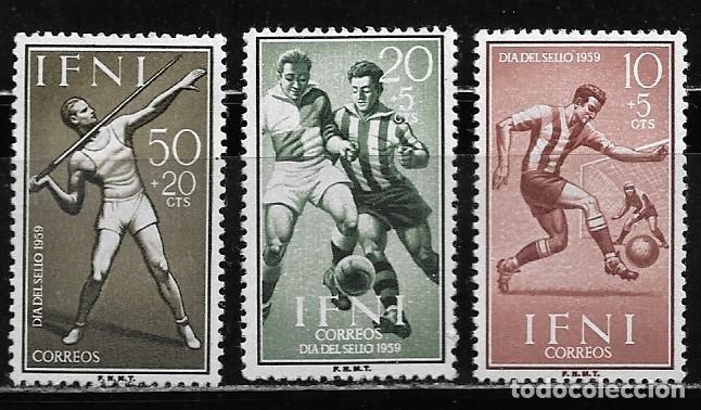 Sellos: IFNI 1959, SERIE EDIFIL 156/58 - D&Iacute;A DEL SELLO, DEPORTES. MNH.