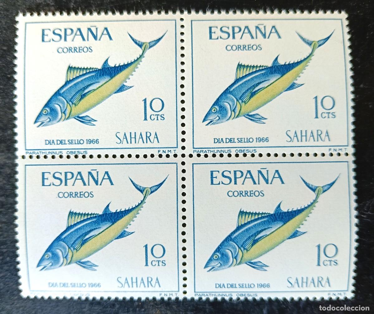 Sellos: ESPA&Ntilde;A - SAHARA- DIA DEL SELLO 1966 - 4 SELLOS PECES