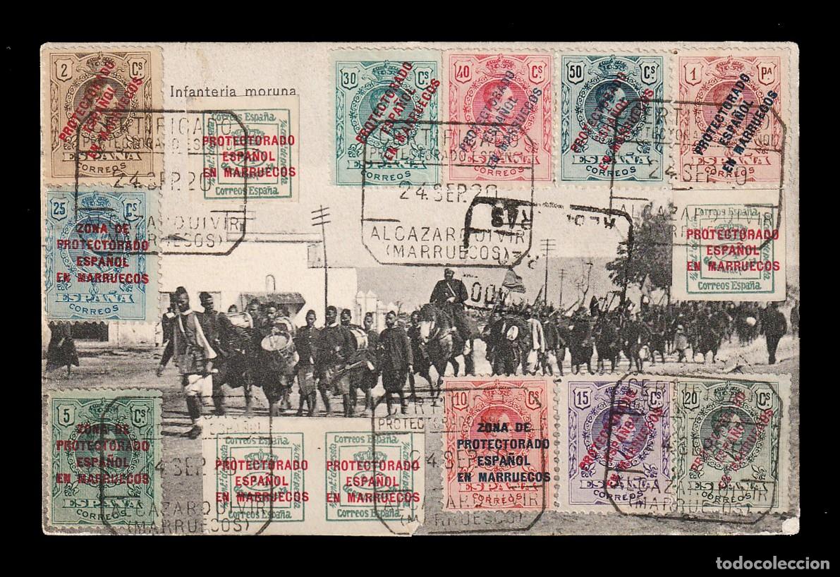 Selos: *** MUY RARA TARJETA ALCAZARQUIVIR-B&Eacute;LGICA. 1920. ESPECTACULAR FRANQUEO CON 12 SELLOS ***