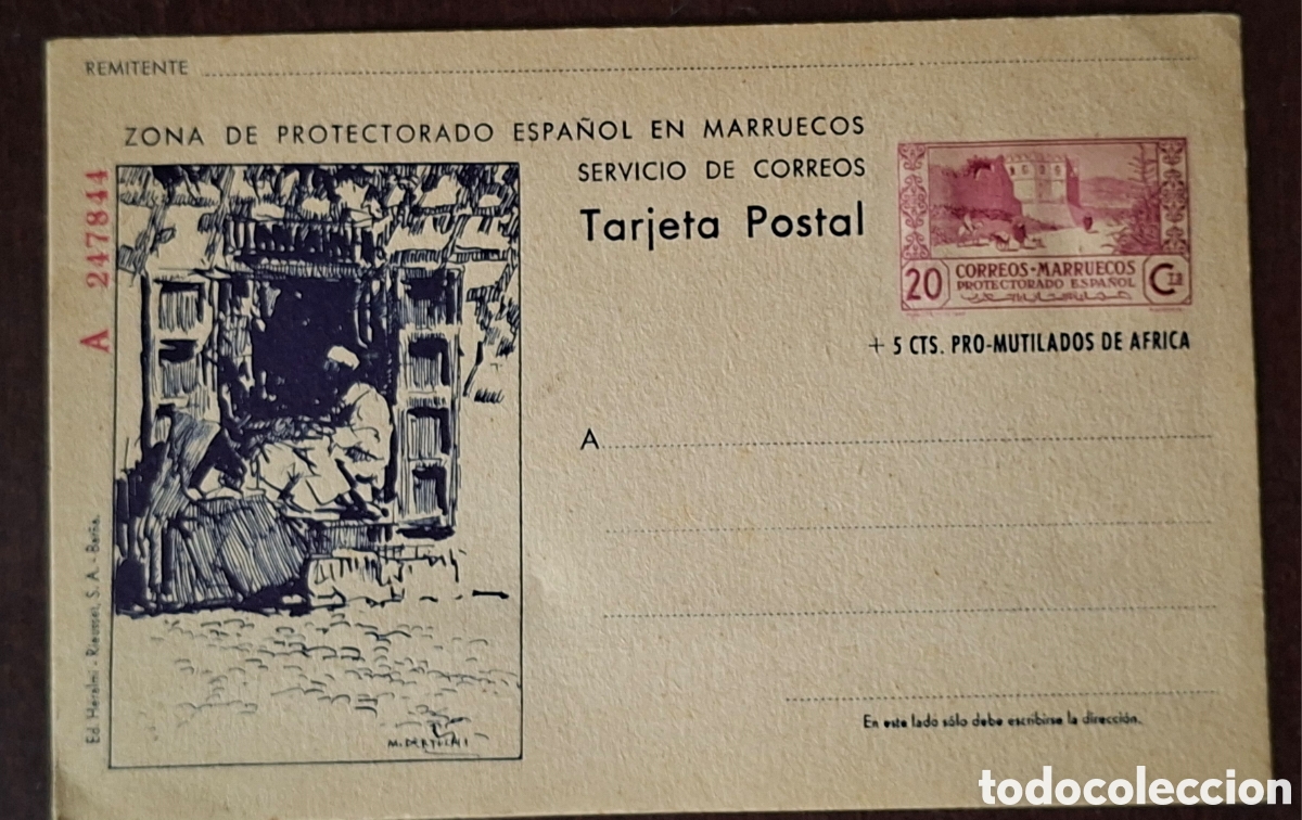 Sellos: Marruecos Tarjeta postal 20c + 5c pro mutilados de &Aacute;frica 1944 sin uso