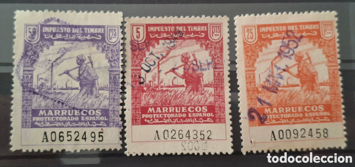 Sellos: Marruecos fiscales 3 sellos impuesto del timbre numerados