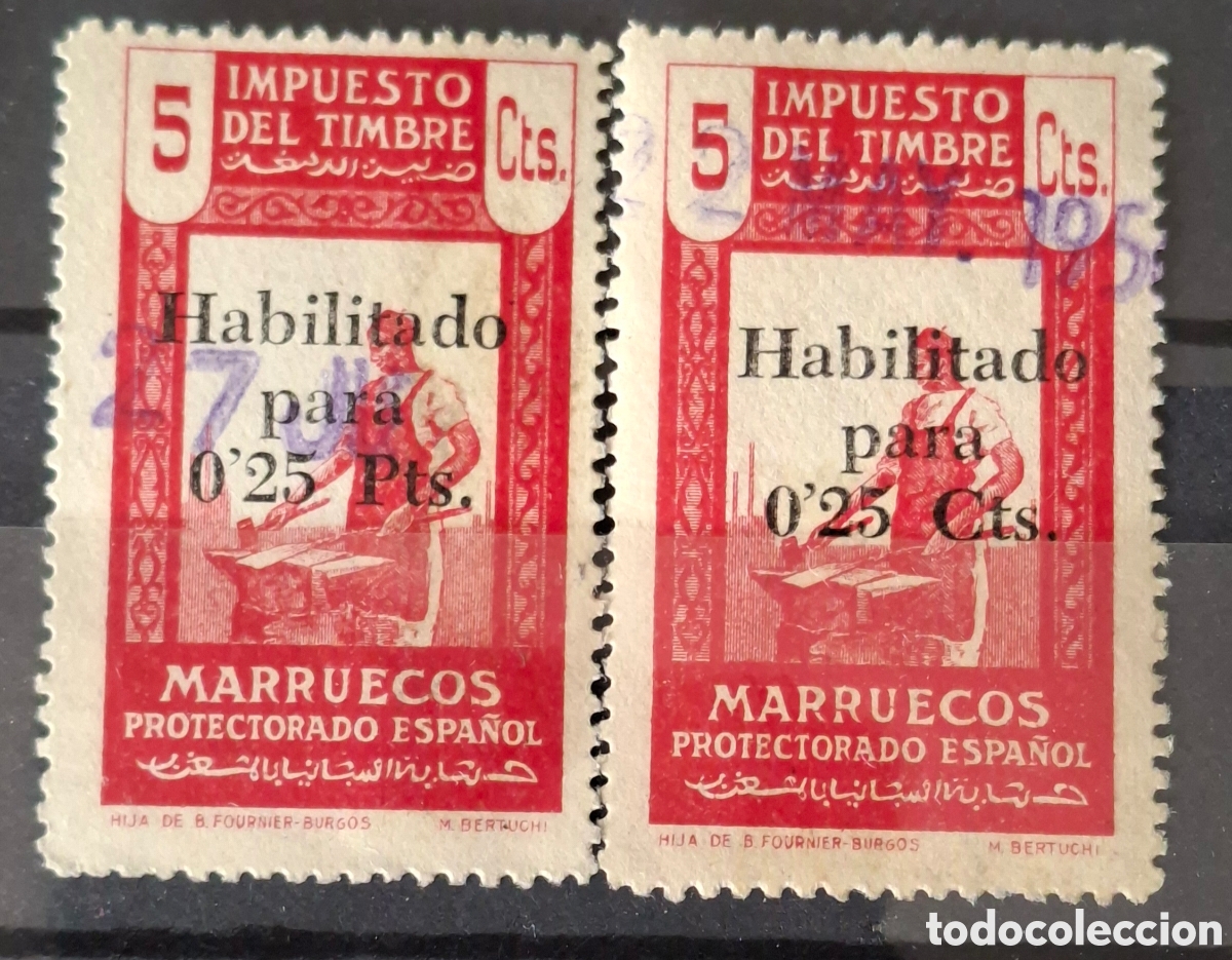Sellos: Marruecos fiscales impuesto del timbre Habilitado diferentes 0.25 cts y 0.25 pts