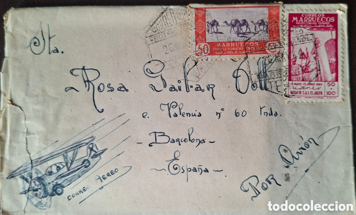 Sellos: Marruecos Carta a Barcelona Correo aereo unidad de Transmisiones aerodromo tetuan 1949