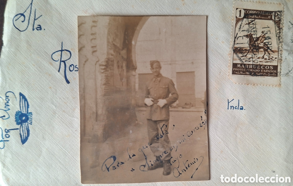 Sellos: Marruecos Carta enviada a barcelona de un Recluta en el aerodromo tetuan 1949 incluye foto y carta
