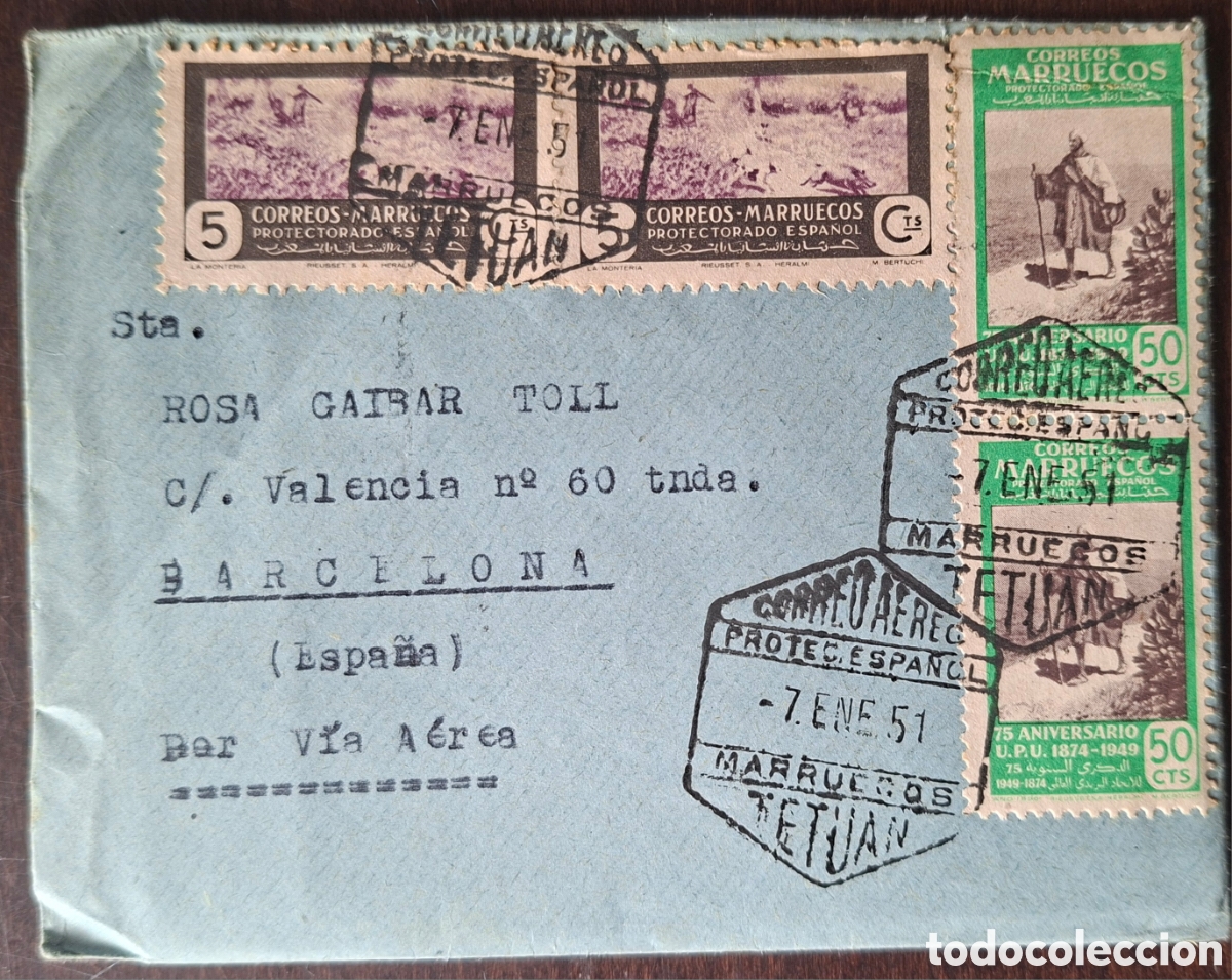 Sellos: Marruecos Tetuan Carta a Barcelona Correo aereo Transmiciones del aire aer&oacute;dromo sania ramel 1950