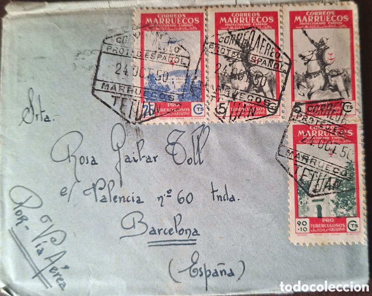 Sellos: Marruecos Carta Correo aereo tetuan a Barcelona sellos pro tuberculoso 1950