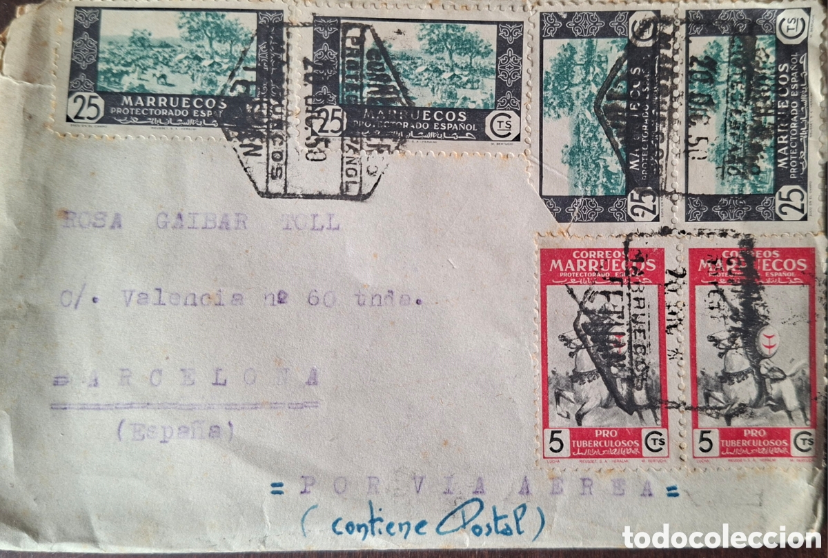 Sellos: Marruecos Carta Transmisiones del aire aer&oacute;dromo sania ramel tetuan incluye postal y carta 1949