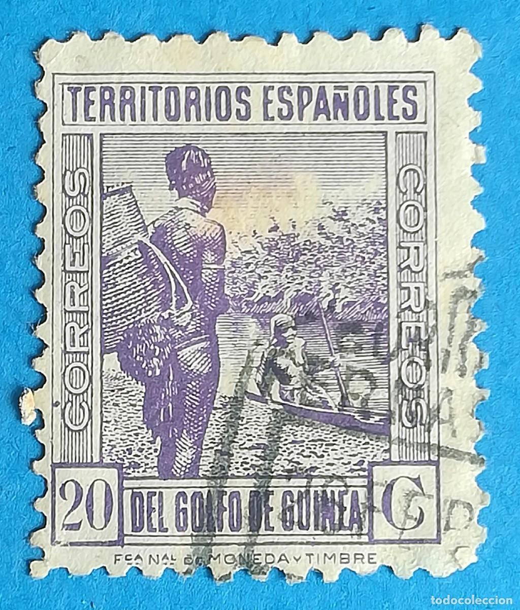 Sellos: Guinea espa&ntilde;ola. Porteador ind&iacute;gena y canoa. Edifil 265. Usado.