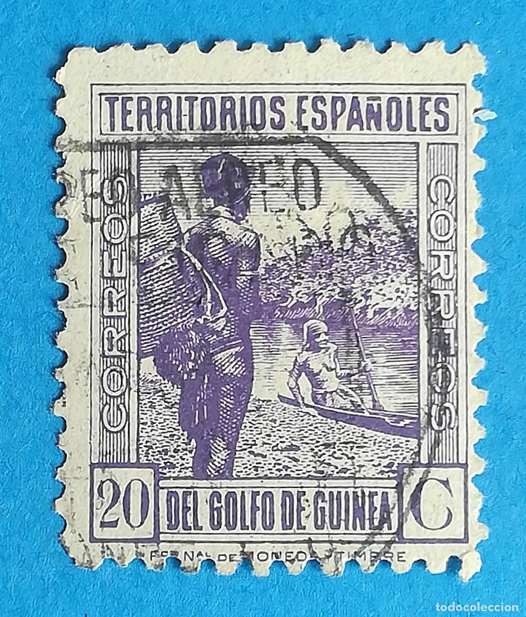 Sellos: Guinea espa&ntilde;ola. Porteador ind&iacute;gena y canoa. Edifil 265. Usado.