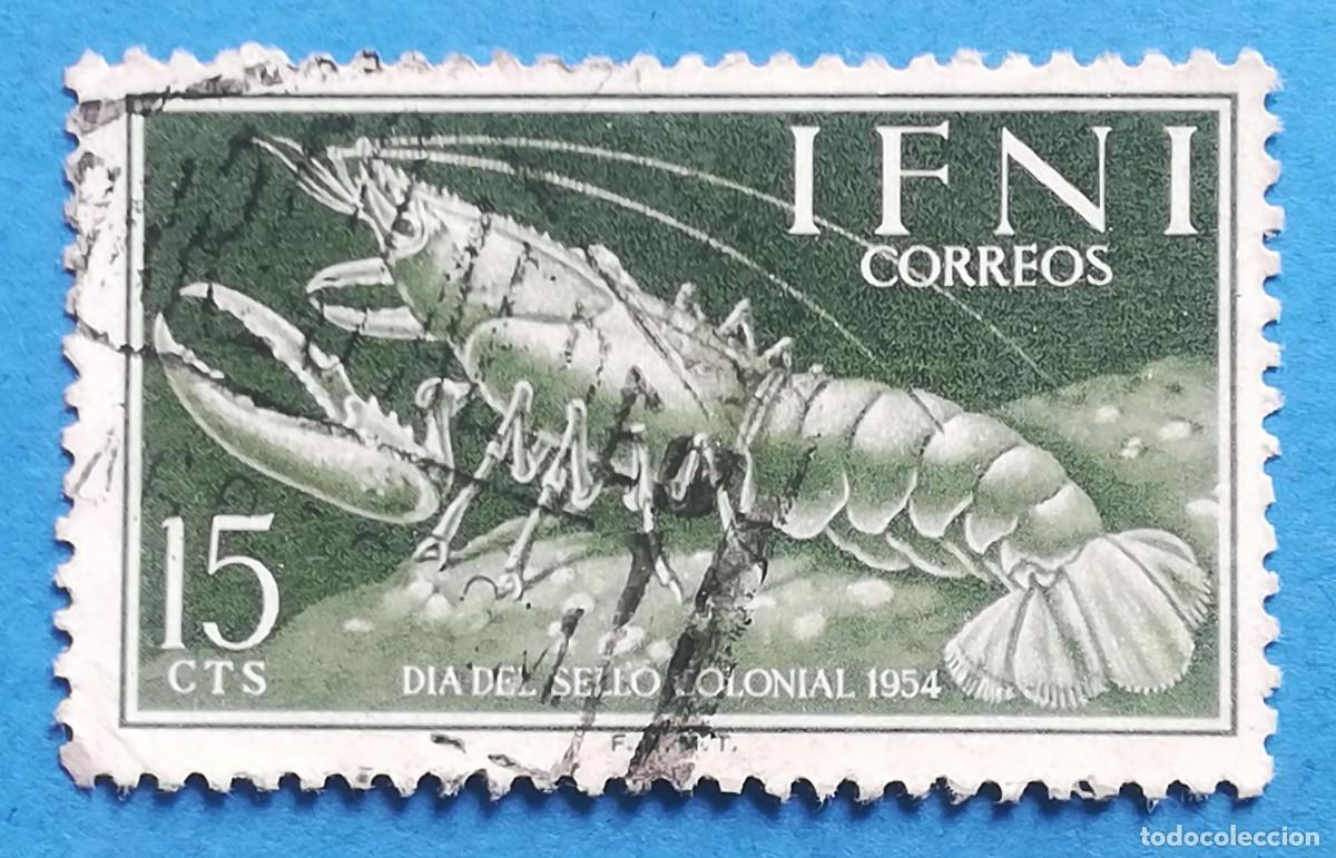 Stamps: Ifni. D&iacute;a del sello colonial 1954. 15 Cts. Color verde. Langosta. Edifil 120. Usado.
