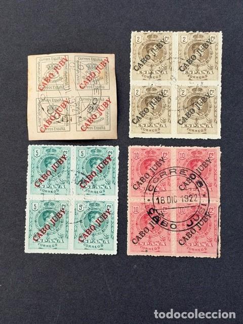 Sellos: Cabo Juby, Sellos de Espa&ntilde;a, habilitados, 1919, Edifil 5, 6, 7 y 8, bloque de 4, usados