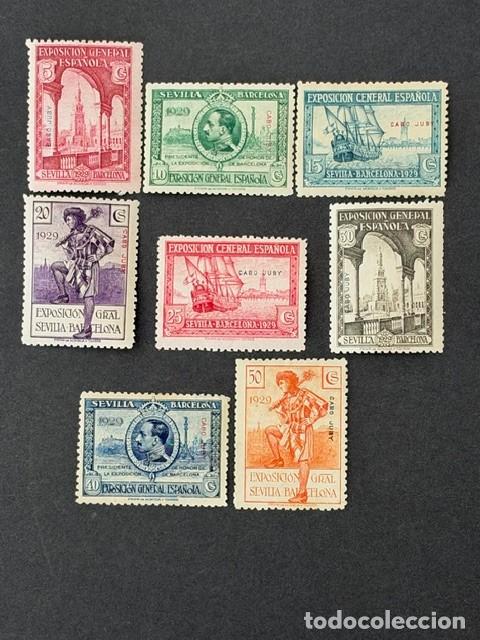 Sellos: Cabo Juby, Exposiciones de Sevilla y Barcelona, habilitados, 1929, Edifil 40 al 47, nuevos