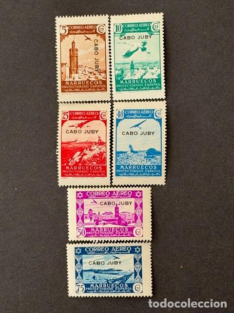Sellos: Cabo Juby, Sellos de Marruecos, habilitados, 1938, Edifil 102 al 107, nuevos con fijasellos