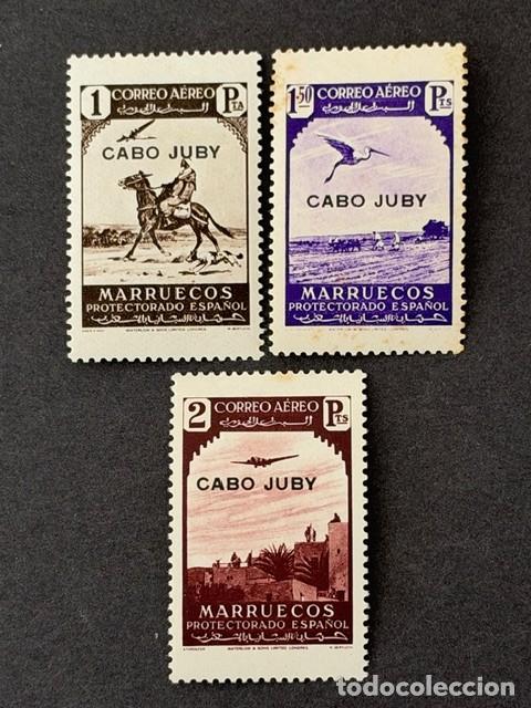 Sellos: Cabo Juby, Sellos de Marruecos, habilitados, 1938, Edifil 108 al 110, nuevos con fijasellos