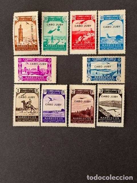Sellos: Cabo Juby, Sellos de Marruecos, habilitados, 1938, Edifil 102 al 111, nuevos con fijasellos