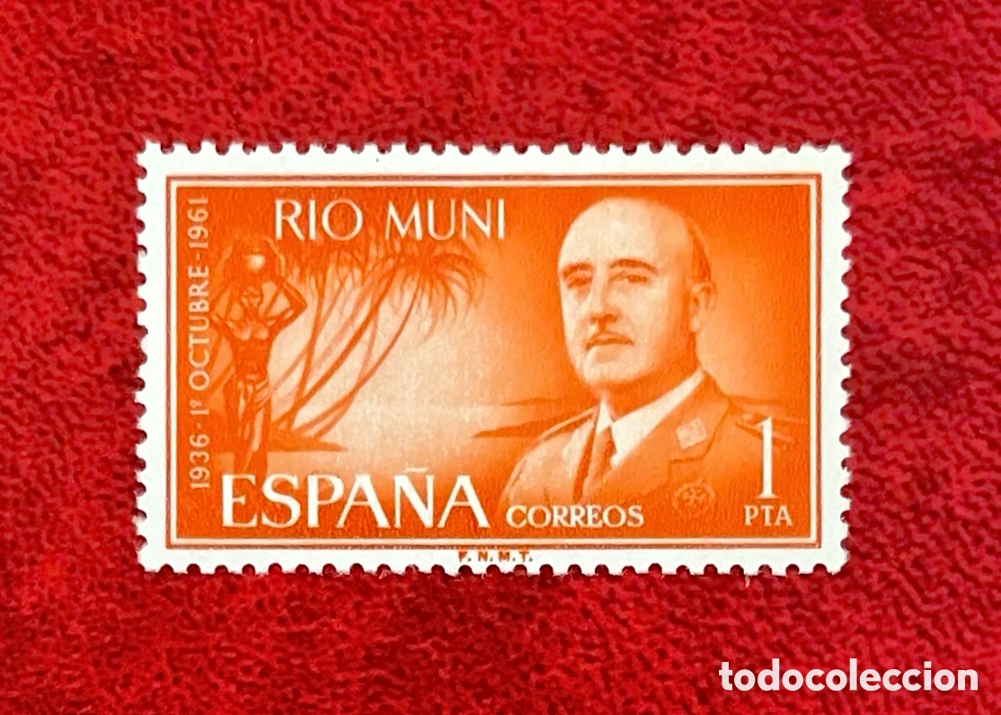 Sellos: Curioso sello R&iacute;o Muni XXV Aniversario Jefatura Estado Franco