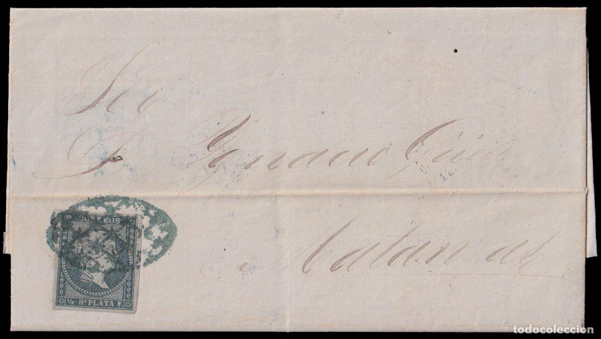 Stamps: Antillas1 1855 (2 MAY) Corral falso a Matanzas. Medio real verde filigrana lazos mat. parrilla colon