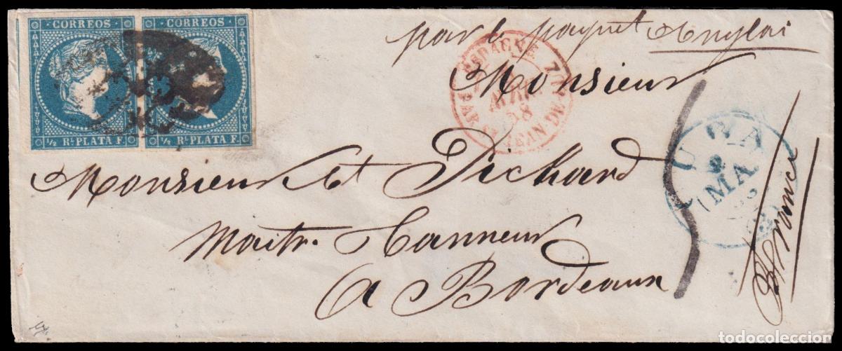 Sellos: Antillas7 1858 (2 MAR) Santiago de Cuba a Burdeos (Francia) medio real azul pareja horizontal mat. p