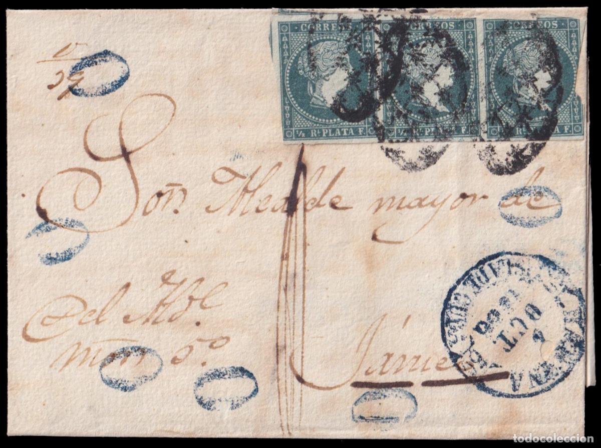 Sellos: Antillas1(3) 1856 (4 OCT) La Habana a Jaruco. Medio real verde filigrana lazos tres ejemplares mat.