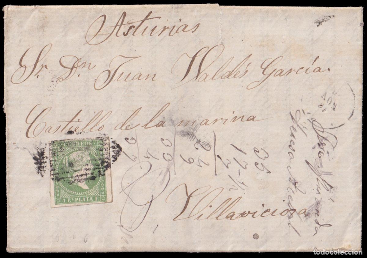 Sellos: Antillas8F 1862 (12 NOV) La Habana a Villaviciosa (Oviedo). Un real verde falso de &eacute;poca (Graus tipo