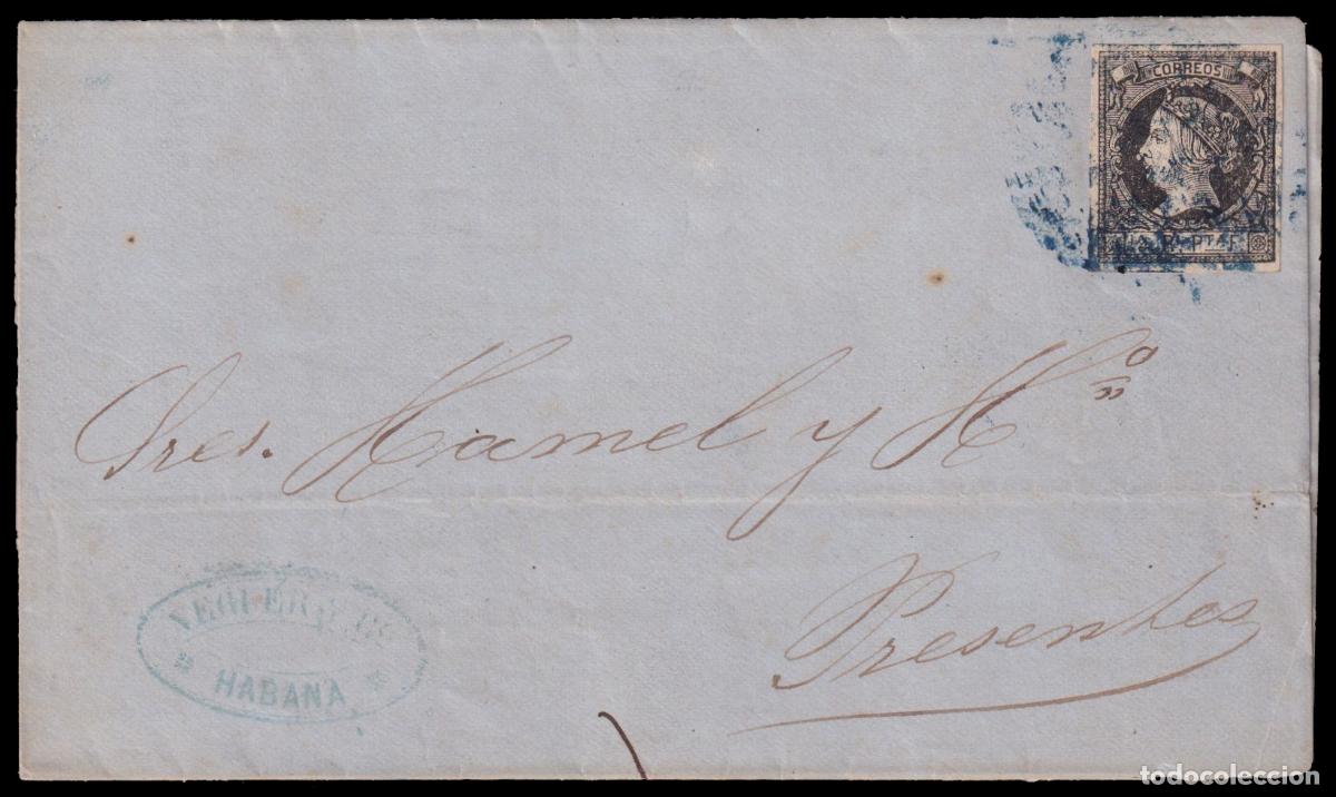 Sellos: Cuba11 1861 (6 JUL) La Habana. Correo interior. Un cuarto de real negro mat. parrilla colonial en az