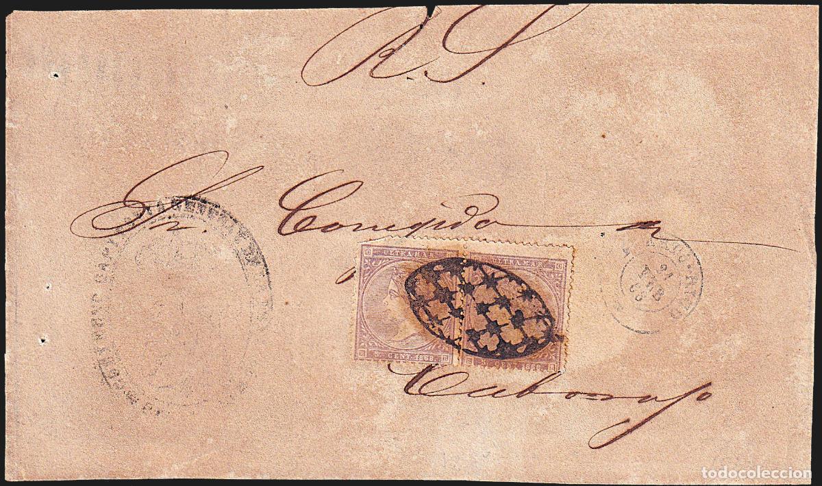 Sellos: Cuba22 1868 (28 FEB) Puerto Rico a Cabo Rojo. 5 cts. lila pareja horizontal mat. parrilla colonial.