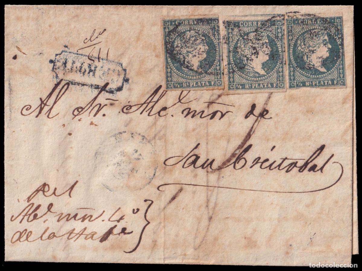 Sellos: Antillas4(3) 1857 (MAR) La Habana a San Crist&oacute;bal. Medio real verde filigrana l&iacute;neas cruzadas tres e