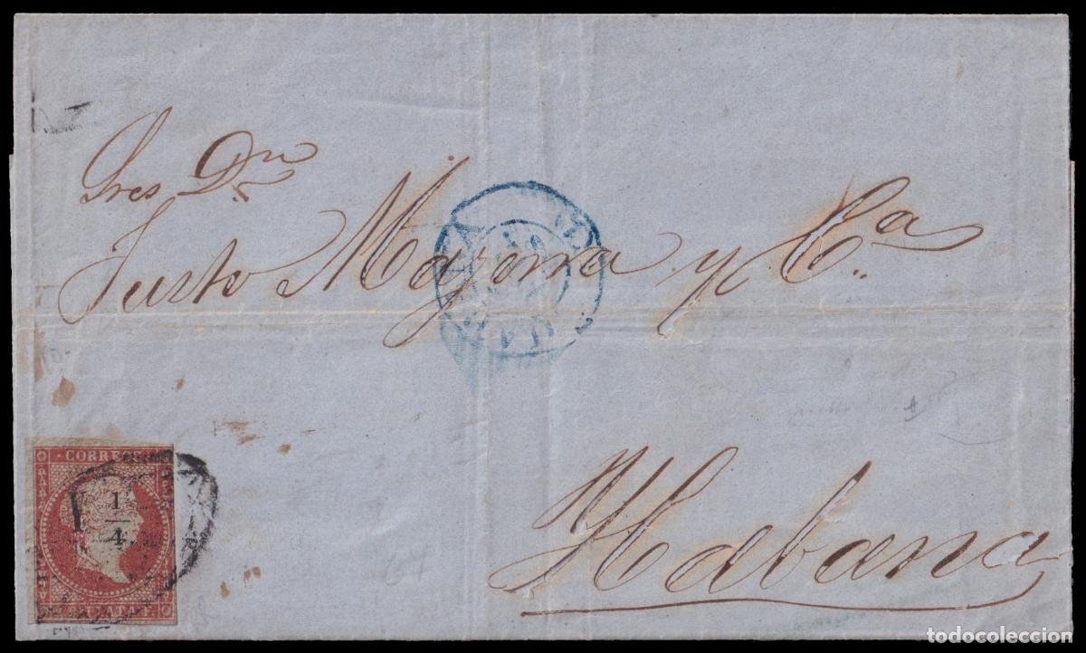 Sellos: Cuba4A 1857 (1 DIC) Sevilla a La Habana. 2 reales rojo sobrecargado �Y &frac14;� en negro mat. parrilla col