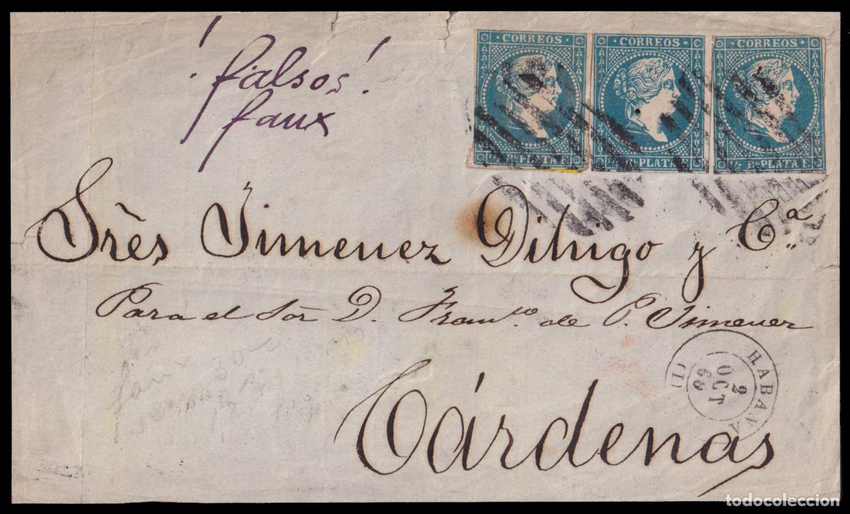 Sellos: Antillas7F(3) 1860 (2 OCT) La Habana a C&aacute;rdenas. Medio real azul tres ejemplares falsos de &eacute;poca (Gr