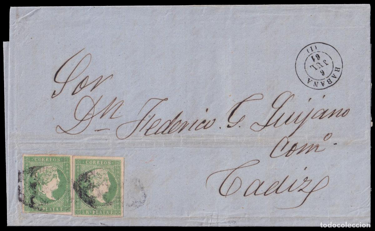 Sellos: Antillas8F(2) 1861 (6 JUL) La Habana a C&aacute;diz. Un real verde pareja horizontal falsa de &eacute;poca (Graus