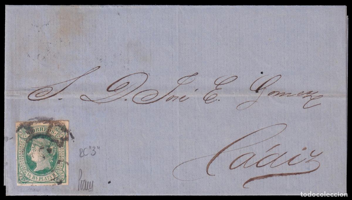 Sellos: Antillas10 1865 (29 DIC) La Habana a C&aacute;diz. Medio real verde mat. RC�3� en negro de C&aacute;diz. Al dorso