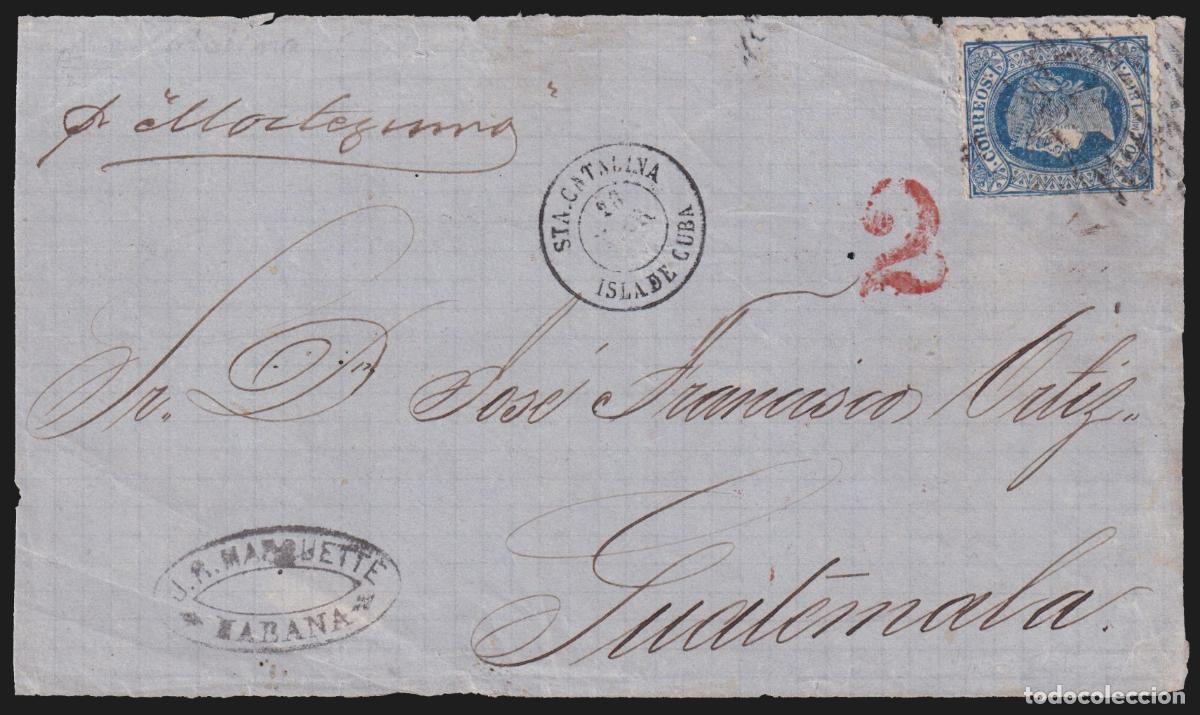 Sellos: Antillas19 1867 (28 MAR) Santa Catalina a Guatemala. 10 cts. azul mat. parrilla de l&iacute;neas finas. En