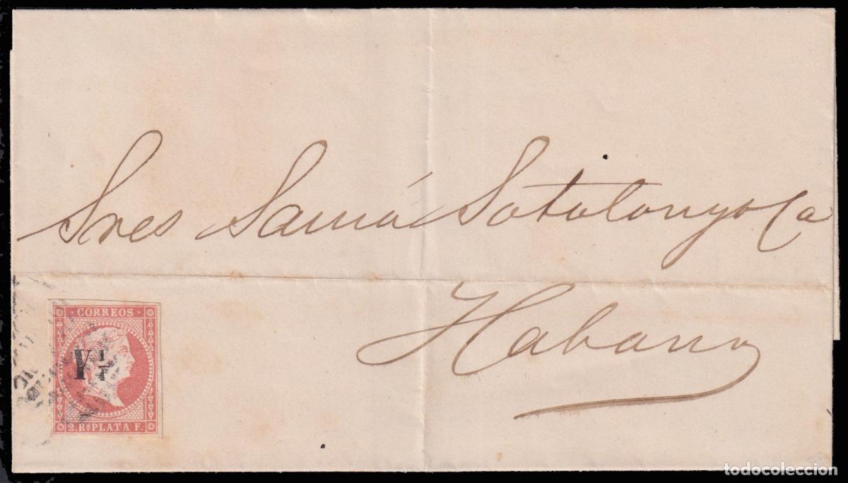 Sellos: Cuba10 1864 (1 FEB) La Haba&shy;na. Correo interior. 2 reales rojo so&shy;brecargado Y &frac14; en negro. mat. pa&shy;r