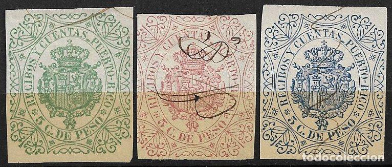 Selos: Puerto Rico, Fiscales, Recibos y Cuentas, 5 cts. de peso verde, carm&iacute;n y azul (o)