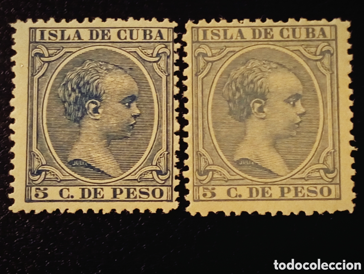 Sellos: (Variantes de Color) Pareja de Sellos Cuba 1890 - 5 C. de Peso - Alfonso XIII &rdquo;Pel&oacute;n&rdquo; Nuevo MNH**