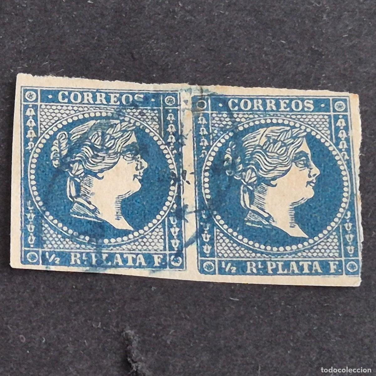 Sellos: ESPA&Ntilde;A, CUBA, ANTILLAS, 1857, ISABEL II, SIN FILIGRANA, EDIFIL 7, PAREJA, MAT. EN AZUL, (LOTE AR)