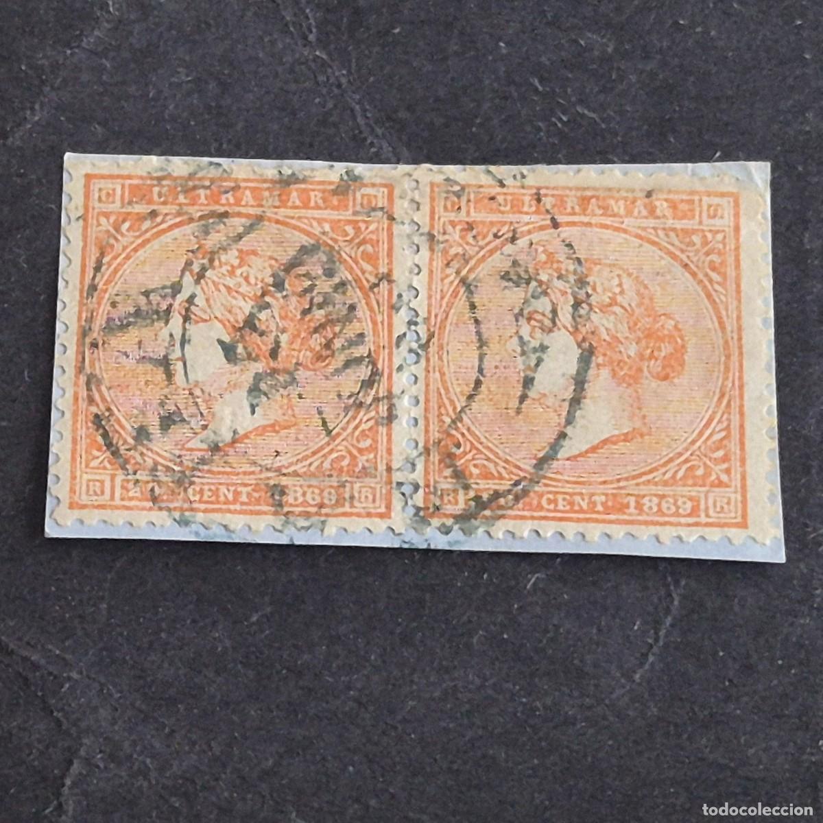 Sellos: ESPA&Ntilde;A, CUBA, ANTILLAS, 1869, ISABEL II, EDIFIL 17, PAREJA, MAT. FECHADOR,SOBRE FRAGMENTO, (LOTE AR)