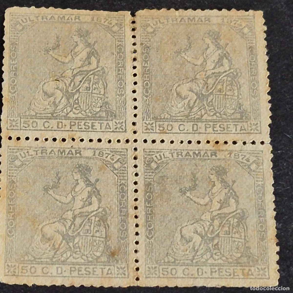 Sellos: ESPA&Ntilde;A, CUBA, 1874, ALEGOR&Iacute;A DE ESPA&Ntilde;A, EDIFIL 29, BLOQUE DE 4, NUEVO SIN GOMA, LEER, (LOTE AR)