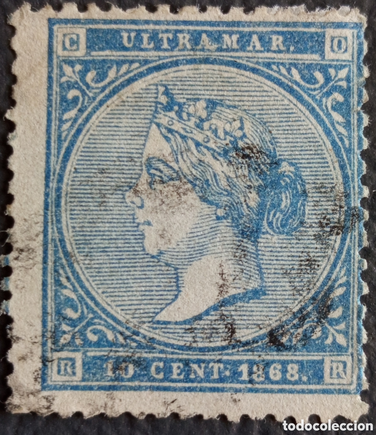 Sellos: Sello Ultramar Antillas 1868 - Isabel II 10 C&eacute;ntimos Azul - Usado (Edifil 13 / Scott 32)