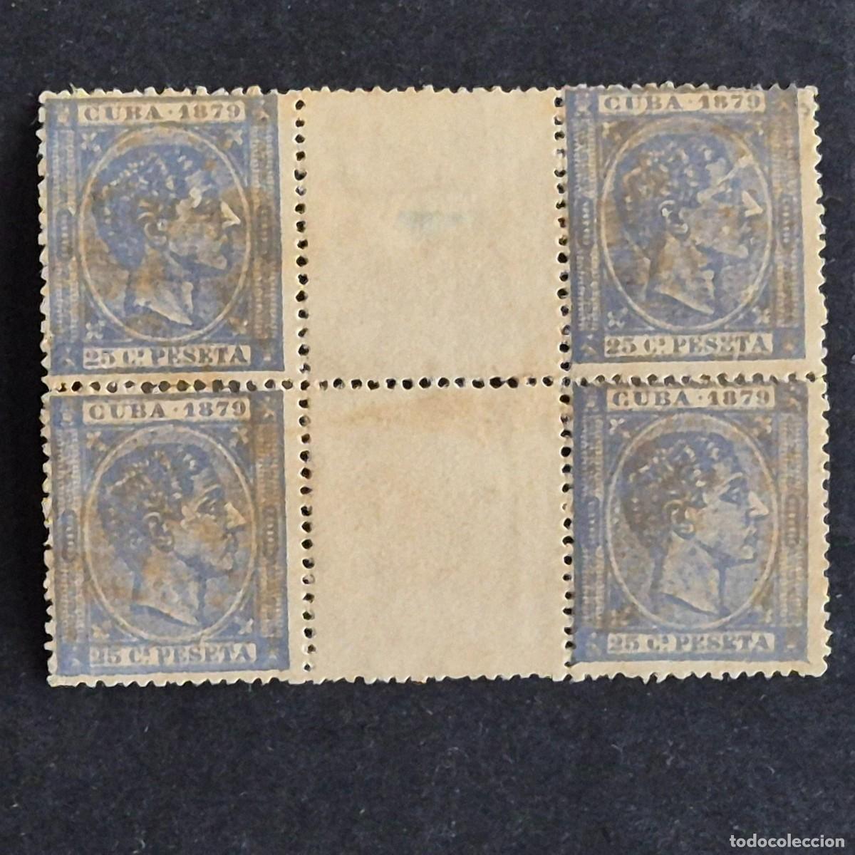 Sellos: ESPA&Ntilde;A, CUBA, 1879, ALFONSO XII, EDIFIL 53*, BLOQUE 4,NUEVO, GOMA, FIJASELLO, TONALIZADOS, (LOTE AR)
