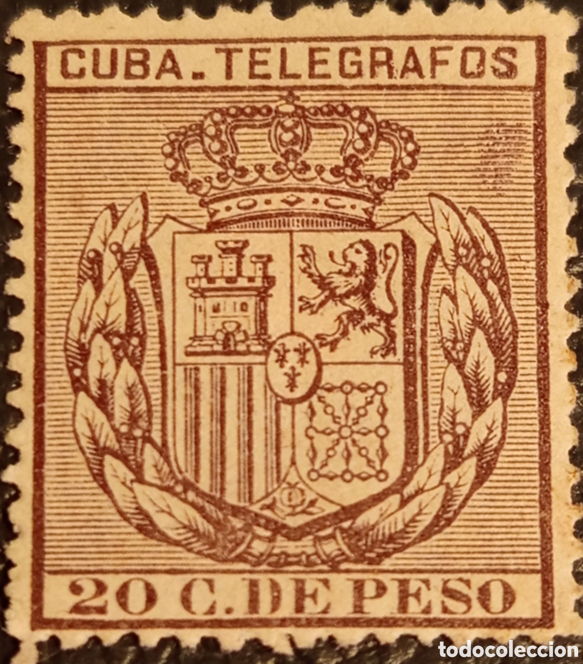 Sellos: Cuba 1890 - Sello Tel&eacute;grafos 20c Casta&ntilde;o - Escudo de Espa&ntilde;a - Edifil n&ordm; 81 MH