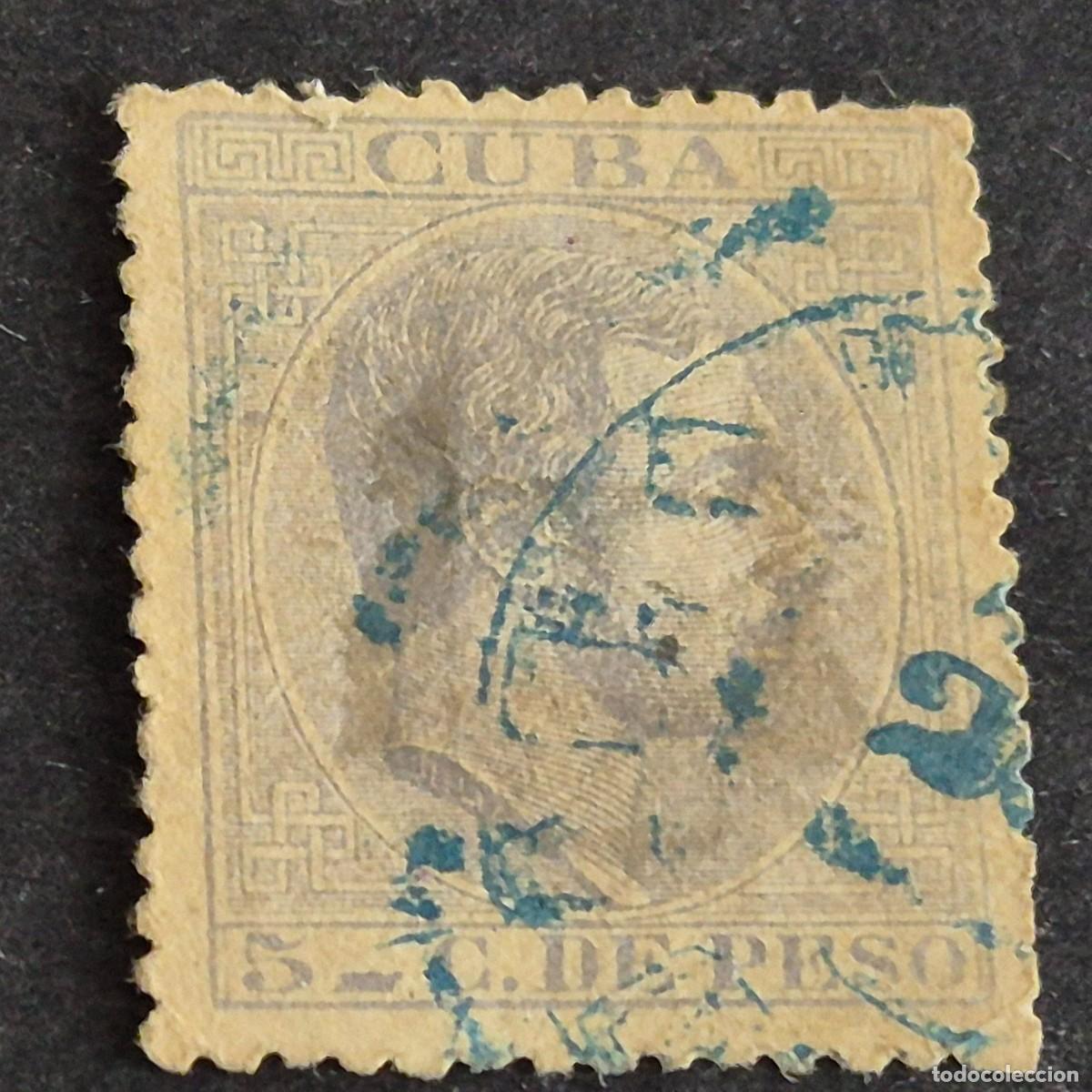 Sellos: ESPA&Ntilde;A, CUBA, 1883-1888, ALFONSO XII, EDIFIL 100, MATASELLO FECHADOR EN AZUL, (LOTE AR)