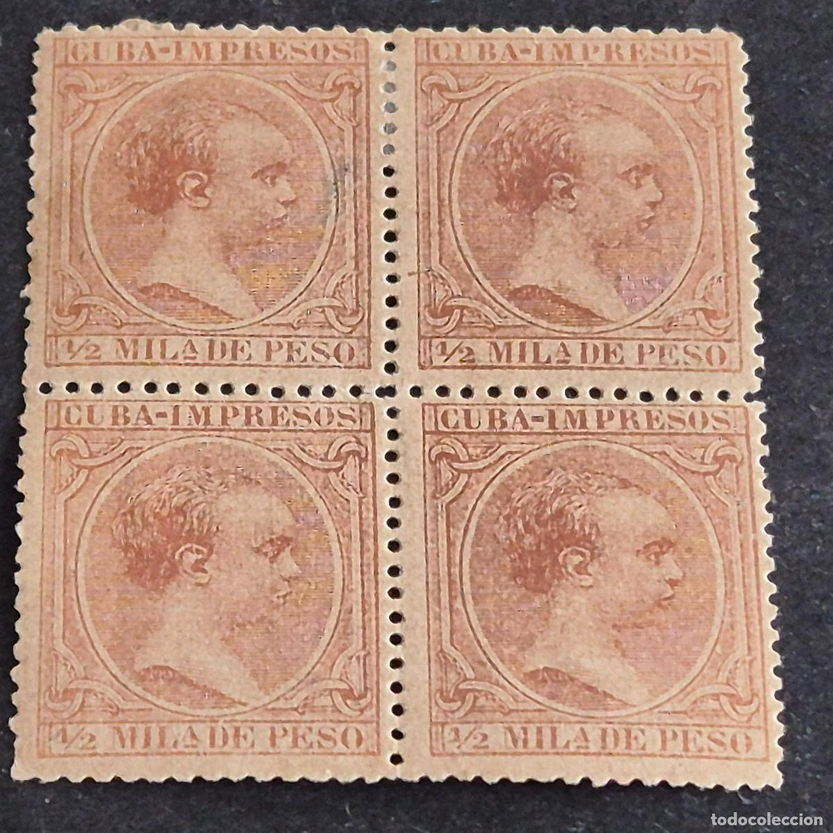 Sellos: ESPA&Ntilde;A, CUBA, 1890, ALFONSO XIII, EDIFIL 106*, BLOQUE DE 4, NUEVO, GOMA, FIJASELLO, (LOTE AR)