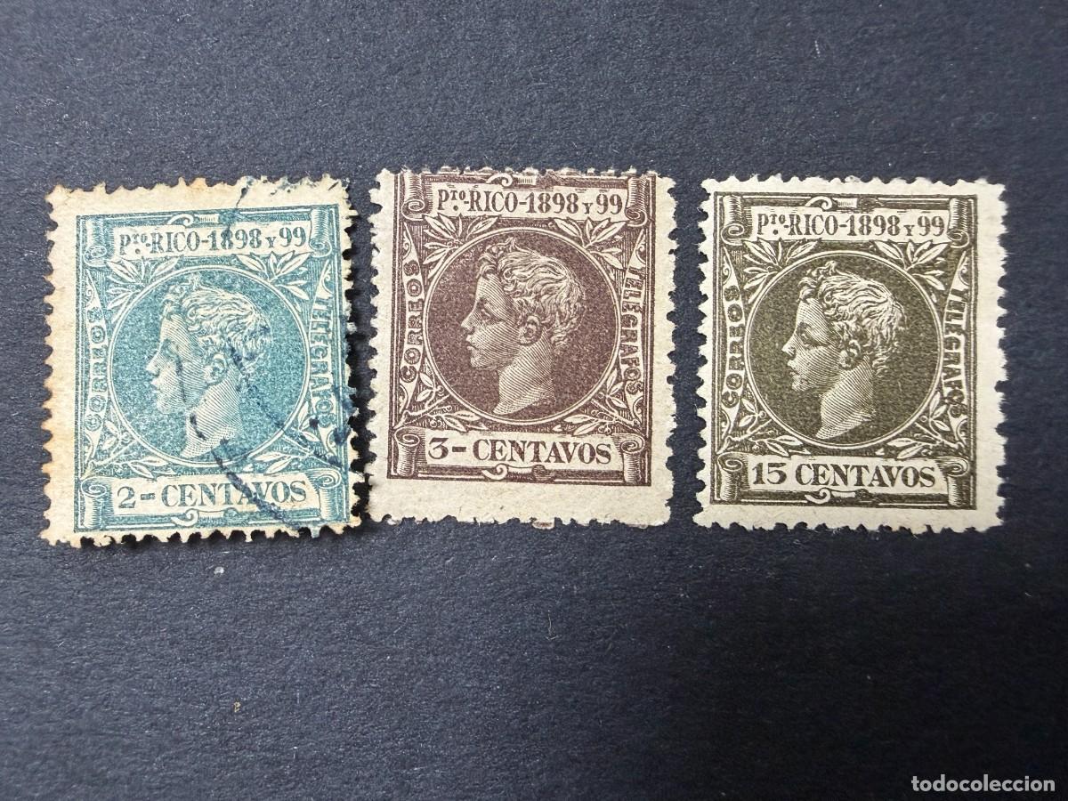 Sellos: PUERTO RICO, 1898. EDIFIL 136, 137 Y 143. ALFONSO XIII. USADO Y DOS NUEVOS. CON FIJASELLOS