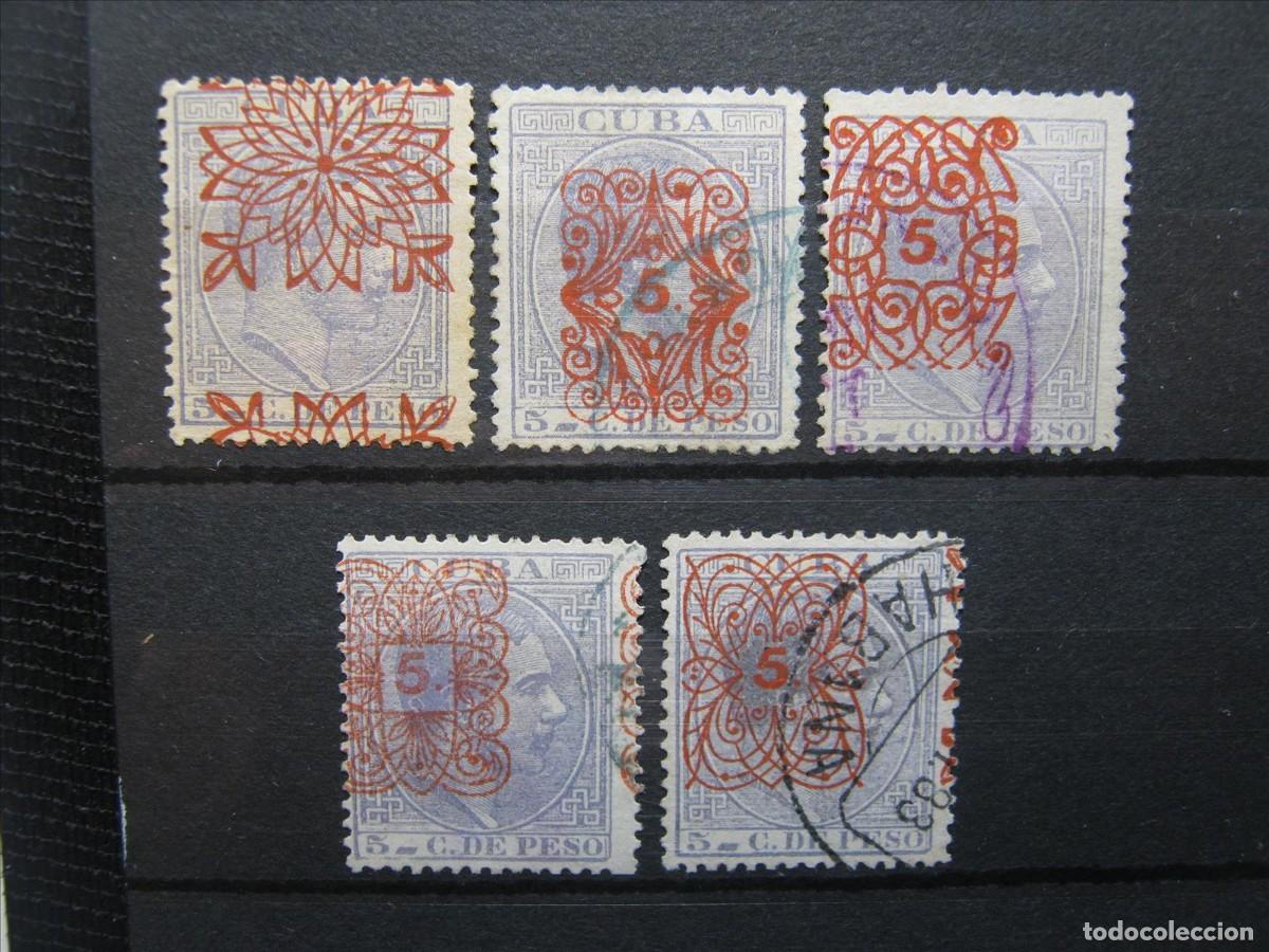 Sellos: CUBA 1883 ALFONSO XII EDIFIL 74, 77, 80, 83, Y 86 MH* Y USADOS PERFECTOS.