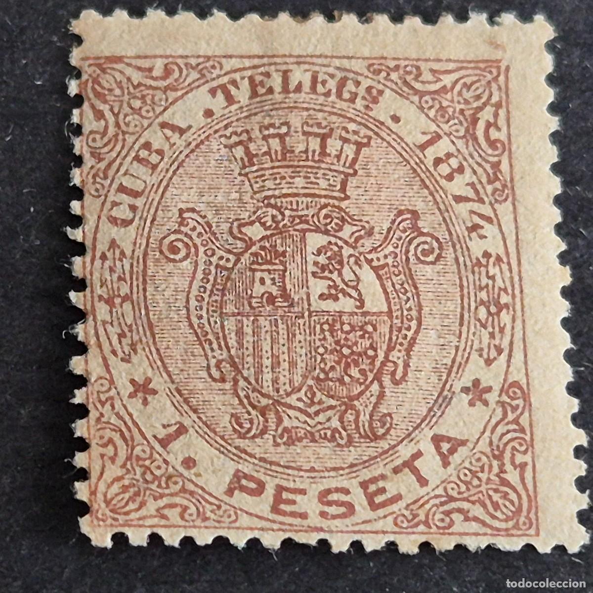 Sellos: ESPA&Ntilde;A, CUBA, 1874, ESCUDO DE ESPA&Ntilde;A, TEL&Eacute;GRAFOS, EDIFIL 28*, NUEVO, GOMA, FIJASELLO, (LOTE AR)