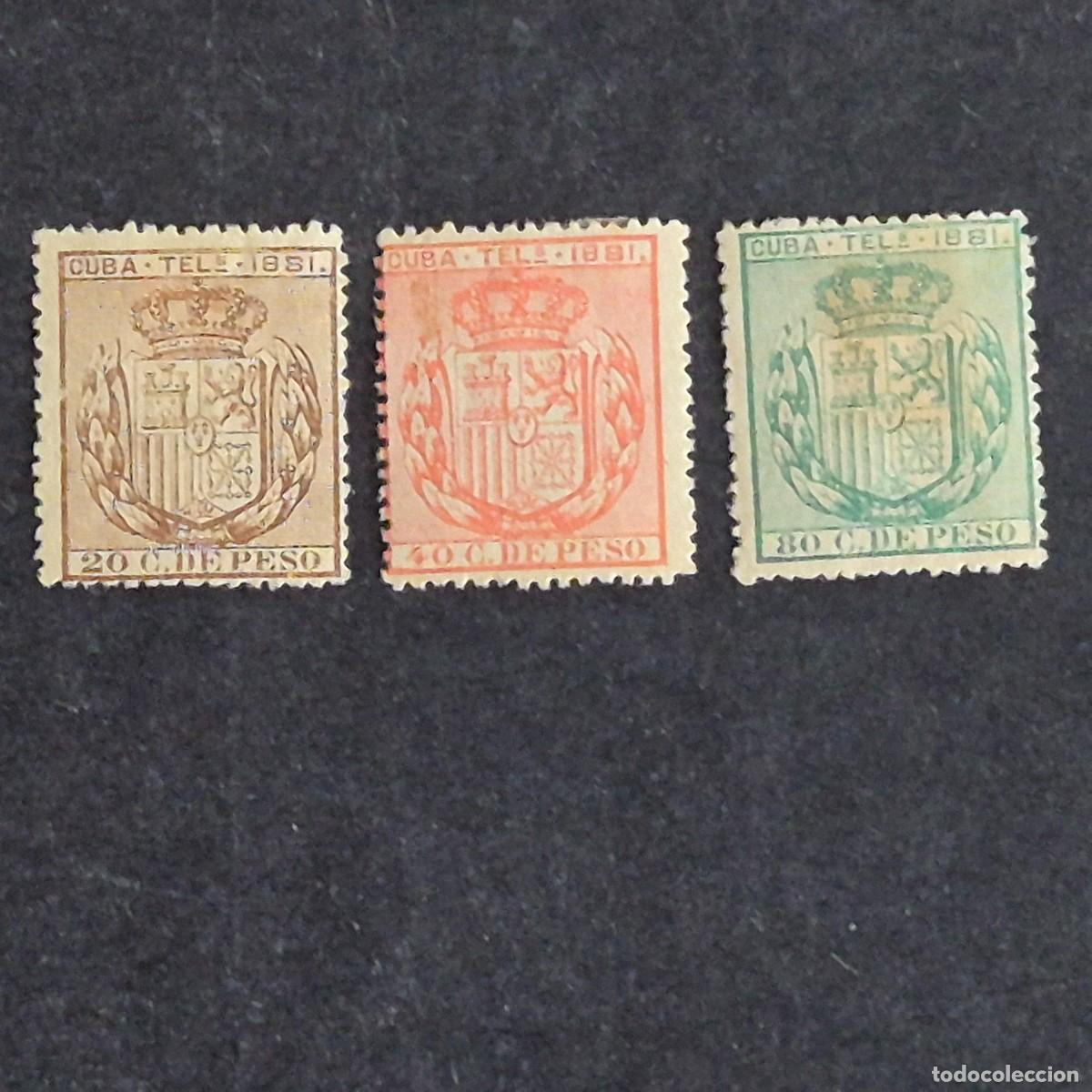 Francobolli: ESPA&Ntilde;A, CUBA, 1881, ESCUDO DE ESPA&Ntilde;A, TEL&Eacute;GRAFOS, EDIFIL 52-54*, NUEVO, GOMA, FIJASELLO, (LOTE AR)